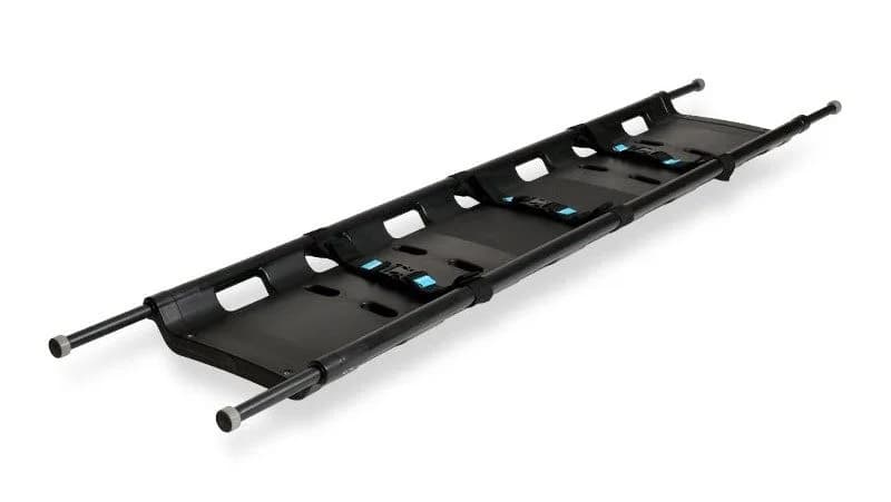 The LESS stretcher seen from the side, folded, carrying handles along the frame.