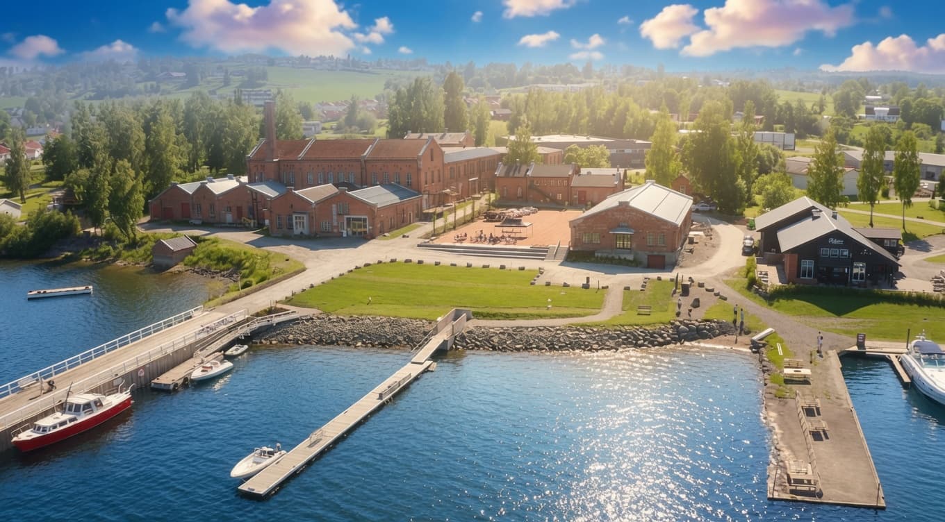 Kapp seen from lake Mjøsa on a summer day: the brick buildings, the square, the lawn and the marina.