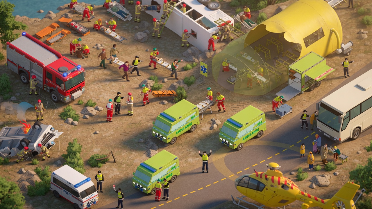 3D visualisation of an incident scene: bus crash, casualty collection point, triage, tent and ambulances, with the equipment placed in the terrain.